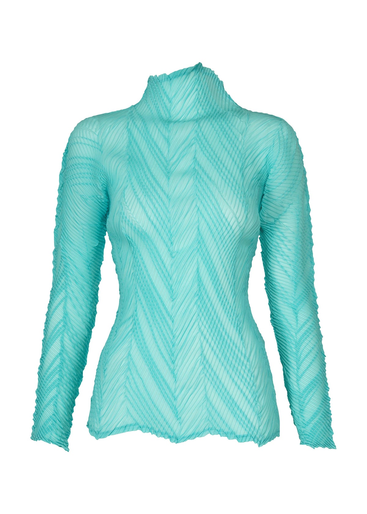 The ISSEY MIYAKE ZIGZAG PLEATS is a fitted, long-sleeve top in light blue, featuring a textured zigzag pattern, pleated design, and high neck, shown against a plain white background. view 3 of 8