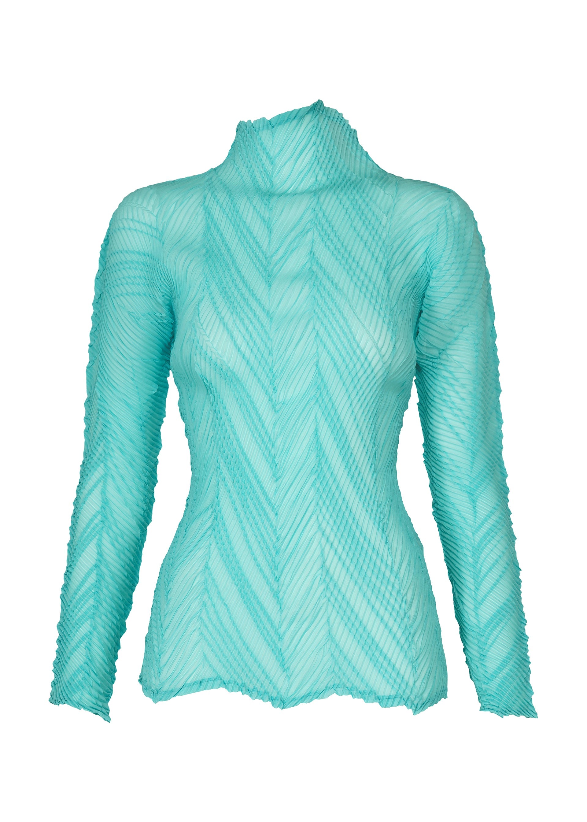 Zoomed view The ISSEY MIYAKE ZIGZAG PLEATS is a fitted, long-sleeve top in light blue, featuring a textured zigzag pattern, pleated design, and high neck, shown against a plain white background. - LIGHT BLUE （no.71）