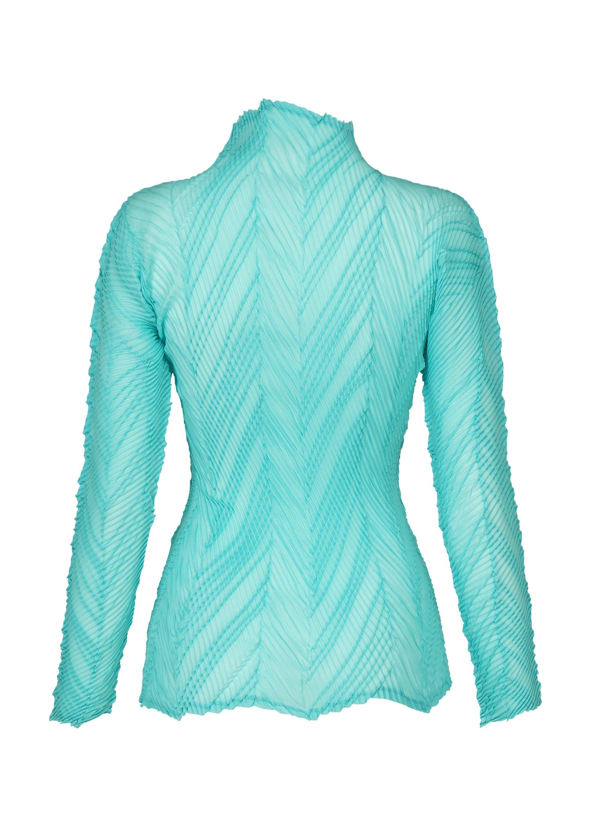 The ZIGZAG PLEATS top by ISSEY MIYAKE is shown from the back against a white background. This aqua blue, long-sleeve fitted piece features textured diagonal pleats and a high neckline, crafted from sheer polyester and finished with a subtle zigzag hem for added detail. view 4 of 8