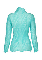 The ZIGZAG PLEATS top by ISSEY MIYAKE is shown from the back against a white background. This aqua blue, long-sleeve fitted piece features textured diagonal pleats and a high neckline, crafted from sheer polyester and finished with a subtle zigzag hem for added detail.
