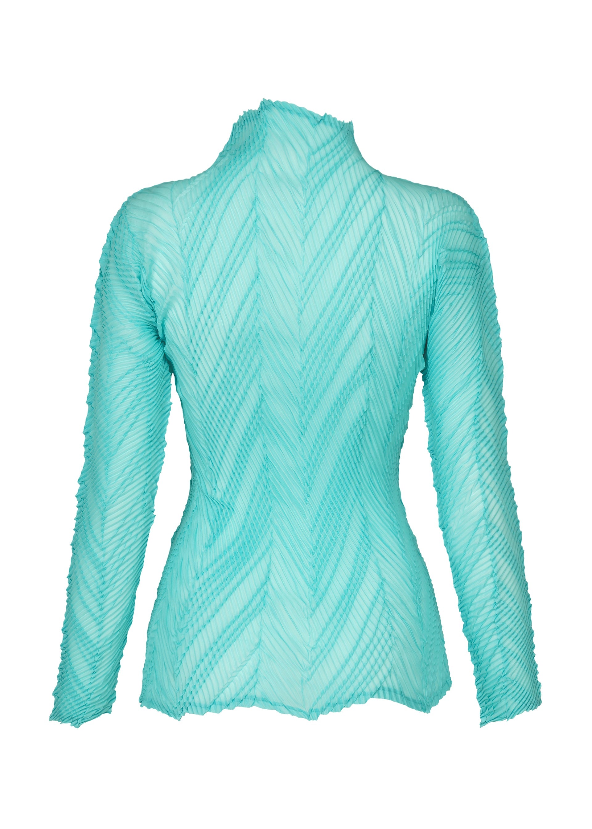Zoomed view The ZIGZAG PLEATS top by ISSEY MIYAKE is shown from the back against a white background. This aqua blue, long-sleeve fitted piece features textured diagonal pleats and a high neckline, crafted from sheer polyester and finished with a subtle zigzag hem for added detail.