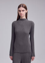 A woman with straight brown hair wears the HATCHING PLEATS set by ISSEY MIYAKE—gray, long-sleeved, high-neck top and matching pants—standing against a plain light gray background.