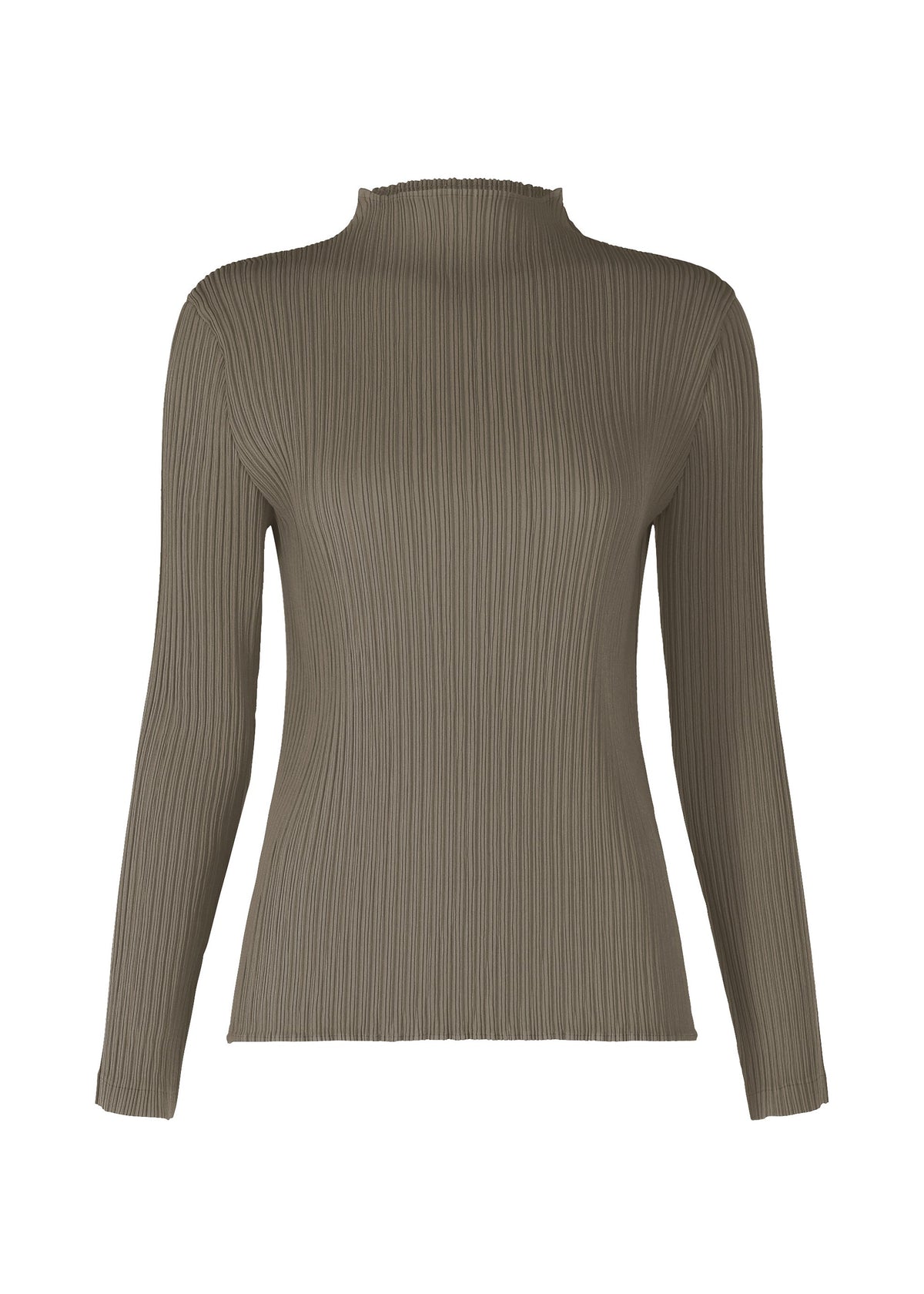 The HATCHING PLEATS top by ISSEY MIYAKE is an olive green, long-sleeve, ribbed knit with a high-neck and fitted silhouette in recycled polyester, shown on a plain white background. view 1 of 6