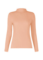 The HATCHING PLEATS long-sleeve top by ISSEY MIYAKE features a peach hue, high-neck, ribbed knit pleats, and is made from recycled polyester. Displayed on a plain white background. - LIGHT PINK （no.21）