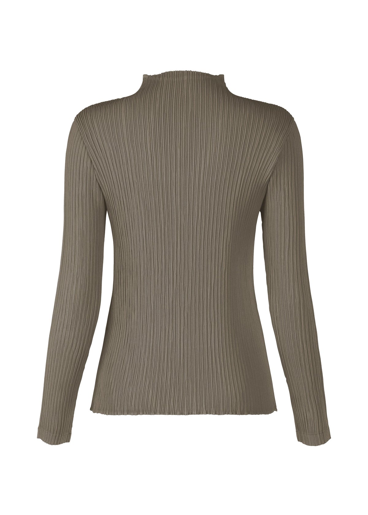 The back view of HATCHING PLEATS by ISSEY MIYAKE: a long-sleeve, light olive-green top with vertical pleats, subtle mock neck, and crafted from recycled polyester. view 3 of 6