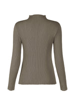 The back view of HATCHING PLEATS by ISSEY MIYAKE: a long-sleeve, light olive-green top with vertical pleats, subtle mock neck, and crafted from recycled polyester.
