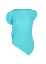 The LEAF PLEATS top by ISSEY MIYAKE is showcased on a white background, featuring an aqua blue round-neck design with double pleating, short rounded sleeves, and an asymmetrical leaf-inspired hemline. - LIGHT BLUE （no.71）