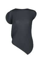 The LEAF PLEATS top by ISSEY MIYAKE is a black, asymmetrical round-neck design crafted from textured, pleated fabric with double-pleating that accentuates its modern leaf-inspired silhouette and uneven hem, shown against a plain white background. - DARK NAVY （no.78）