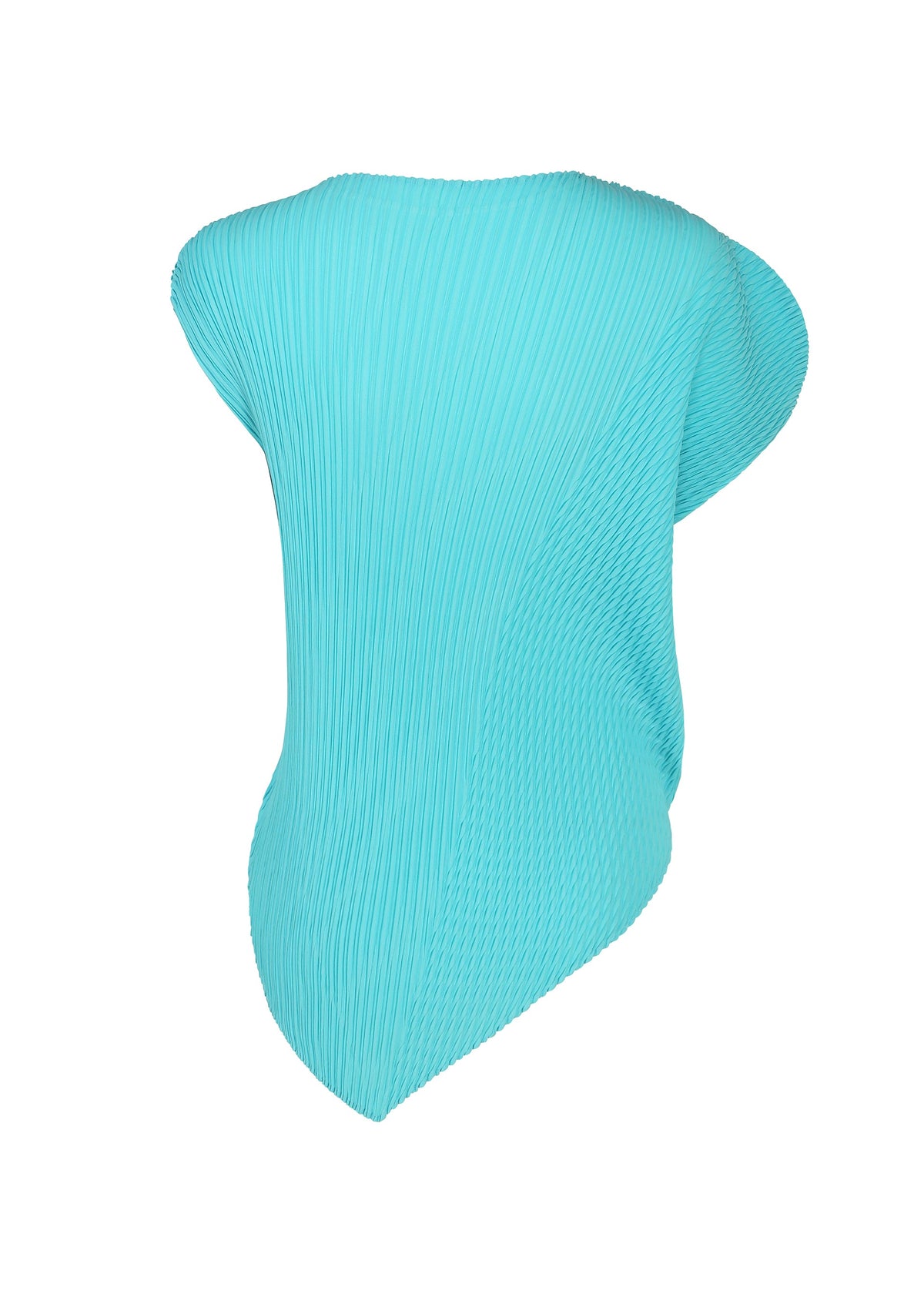 Introducing LEAF PLEATS by ISSEY MIYAKE: a sculptural, asymmetrical turquoise piece featuring fine vertical pleats and subtle double-pleating, its form reminiscent of modern abstract art or a futuristic garment with a leaf-like silhouette, set against a white background. view 4 of 7
