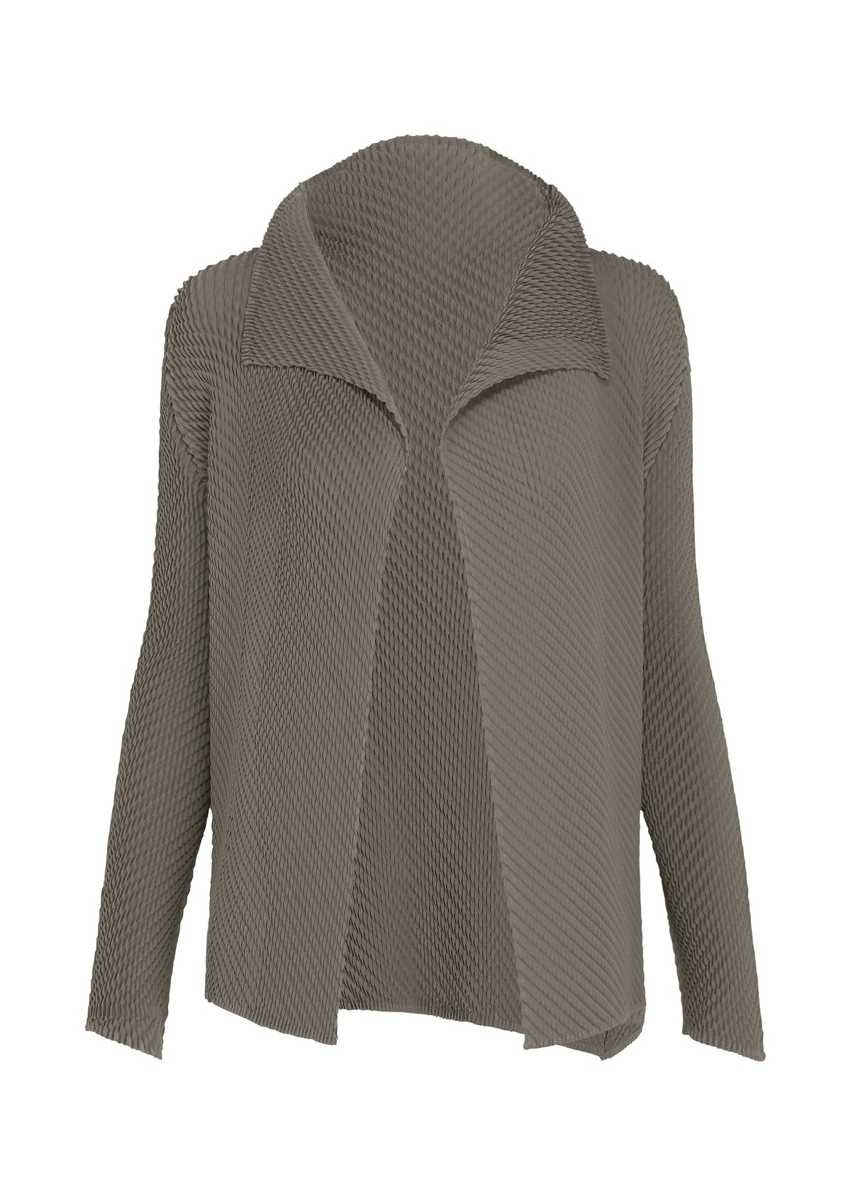 The MISTY PLEATS jacket by ISSEY MIYAKE features a textured, long-sleeve design with an open front in taupe, complete with a wide collar and a subtly uneven hem. Crafted from soft fabric for comfort and ease, its flowy silhouette brings effortless elegance to any outfit. view 1 of 7