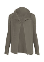 The MISTY PLEATS jacket by ISSEY MIYAKE features a textured, long-sleeve design with an open front in taupe, complete with a wide collar and a subtly uneven hem. Crafted from soft fabric for comfort and ease, its flowy silhouette brings effortless elegance to any outfit. - GRAY （no.12）