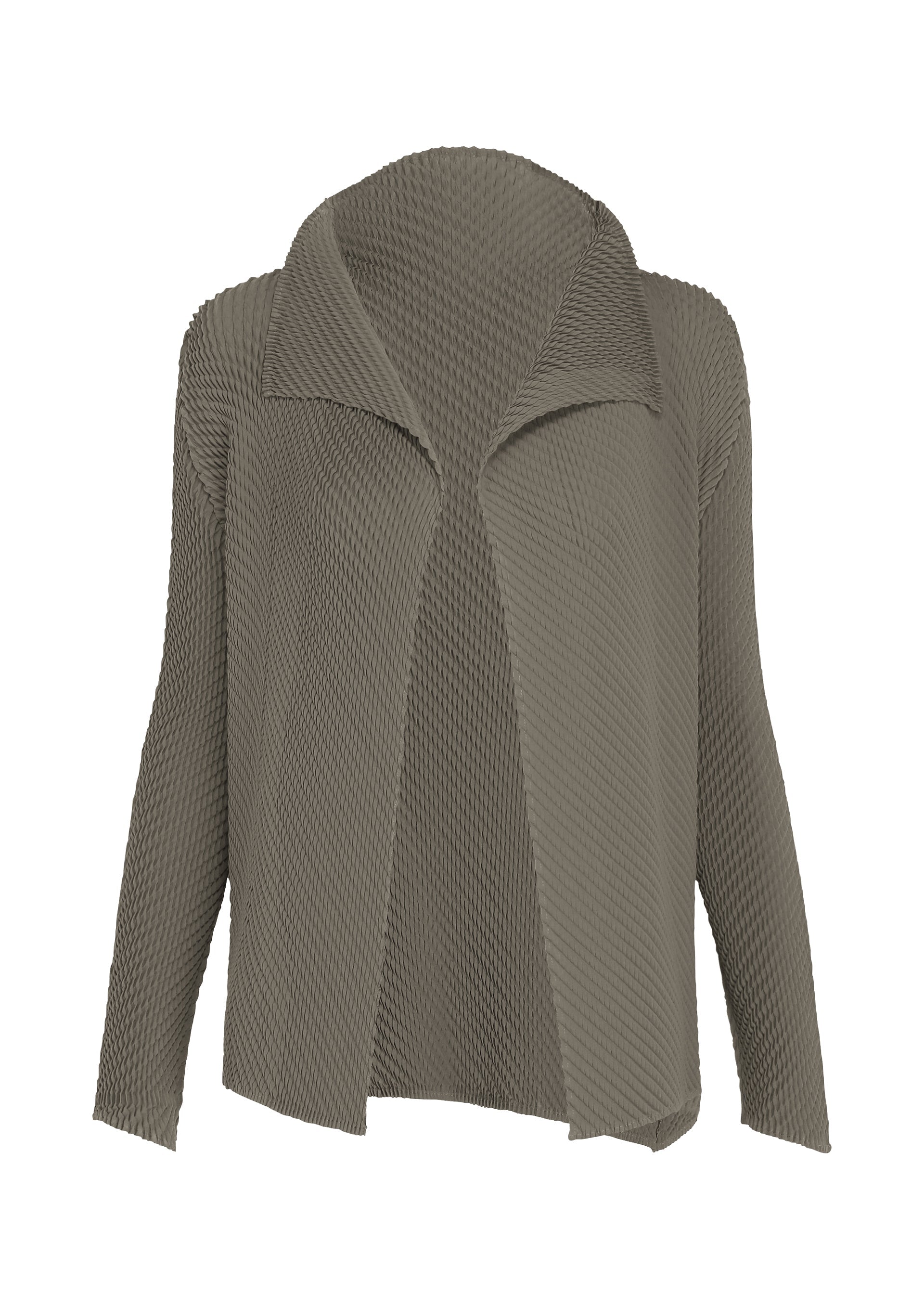 Zoomed view The MISTY PLEATS jacket by ISSEY MIYAKE features a textured, long-sleeve design with an open front in taupe, complete with a wide collar and a subtly uneven hem. Crafted from soft fabric for comfort and ease, its flowy silhouette brings effortless elegance to any outfit. - GRAY （no.12）