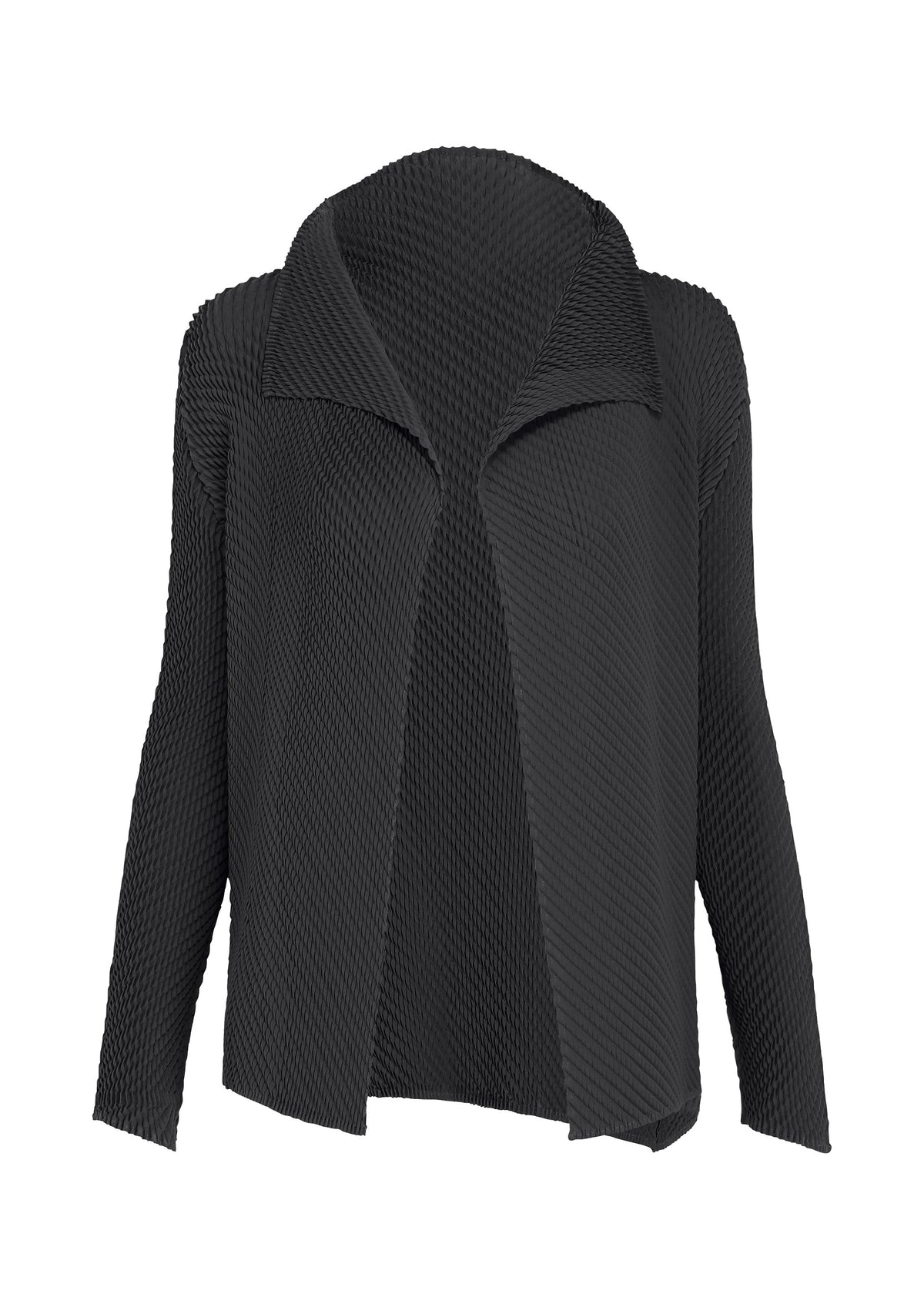 The MISTY PLEATS by ISSEY MIYAKE is a black, long-sleeved open-front jacket with a wide collar and an asymmetrical hem, crafted from soft textured fabric for comfort and featuring a flowy silhouette, shown against a white background. view 2 of 7