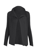 The MISTY PLEATS by ISSEY MIYAKE is a black, long-sleeved open-front jacket with a wide collar and an asymmetrical hem, crafted from soft textured fabric for comfort and featuring a flowy silhouette, shown against a white background. - BLACK （no.15）