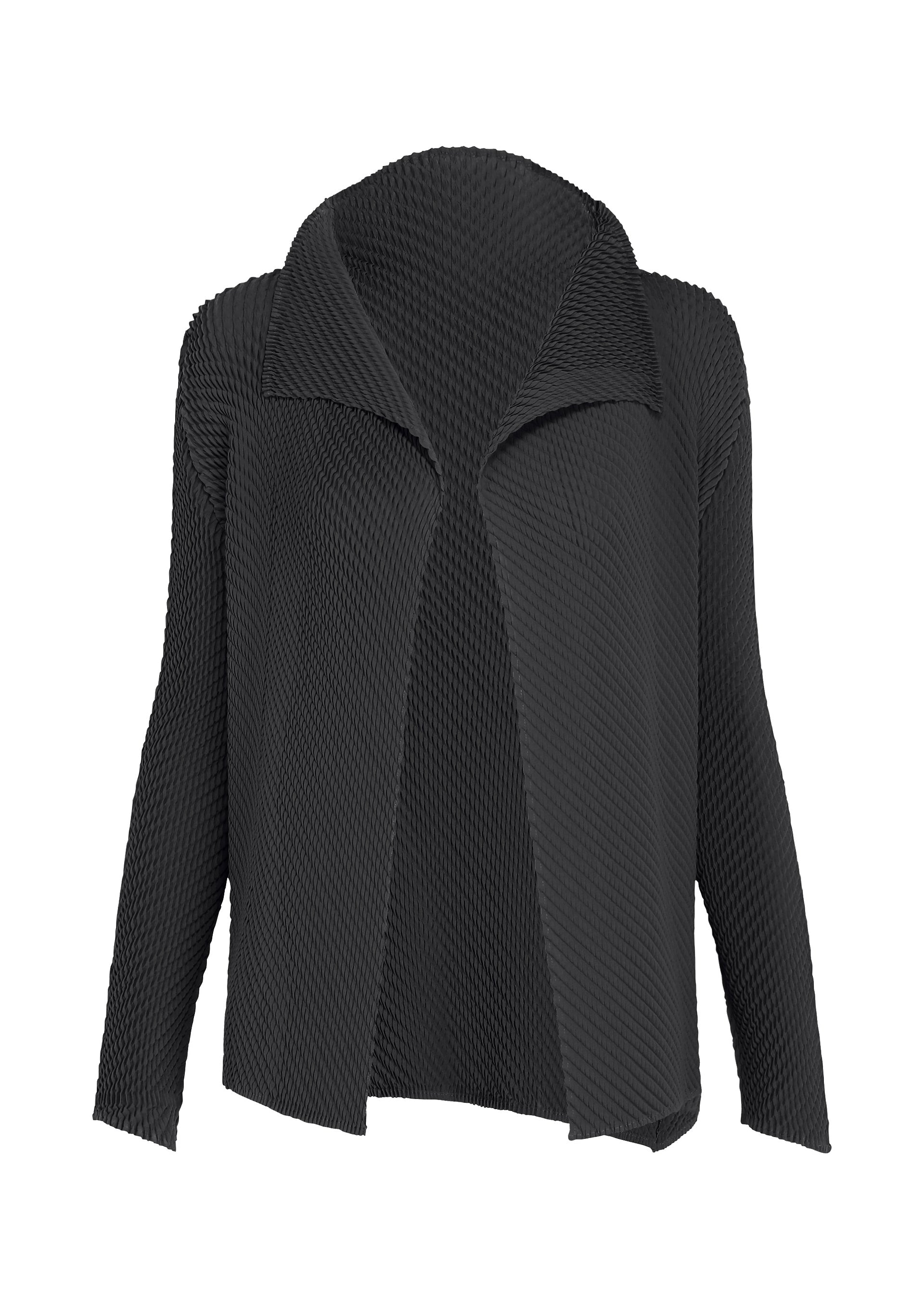 Zoomed view The MISTY PLEATS by ISSEY MIYAKE is a black, long-sleeved open-front jacket with a wide collar and an asymmetrical hem, crafted from soft textured fabric for comfort and featuring a flowy silhouette, shown against a white background. - BLACK （no.15）