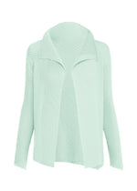 Introducing the MISTY PLEATS cardigan by ISSEY MIYAKE: a light mint green, long-sleeve, open-front piece featuring a textured waffle-knit pattern and wide collar. Crafted from soft fabric, it drapes effortlessly without buttons or fasteners, creating a graceful, flowy silhouette. - LIGHT BLUE （no.71）