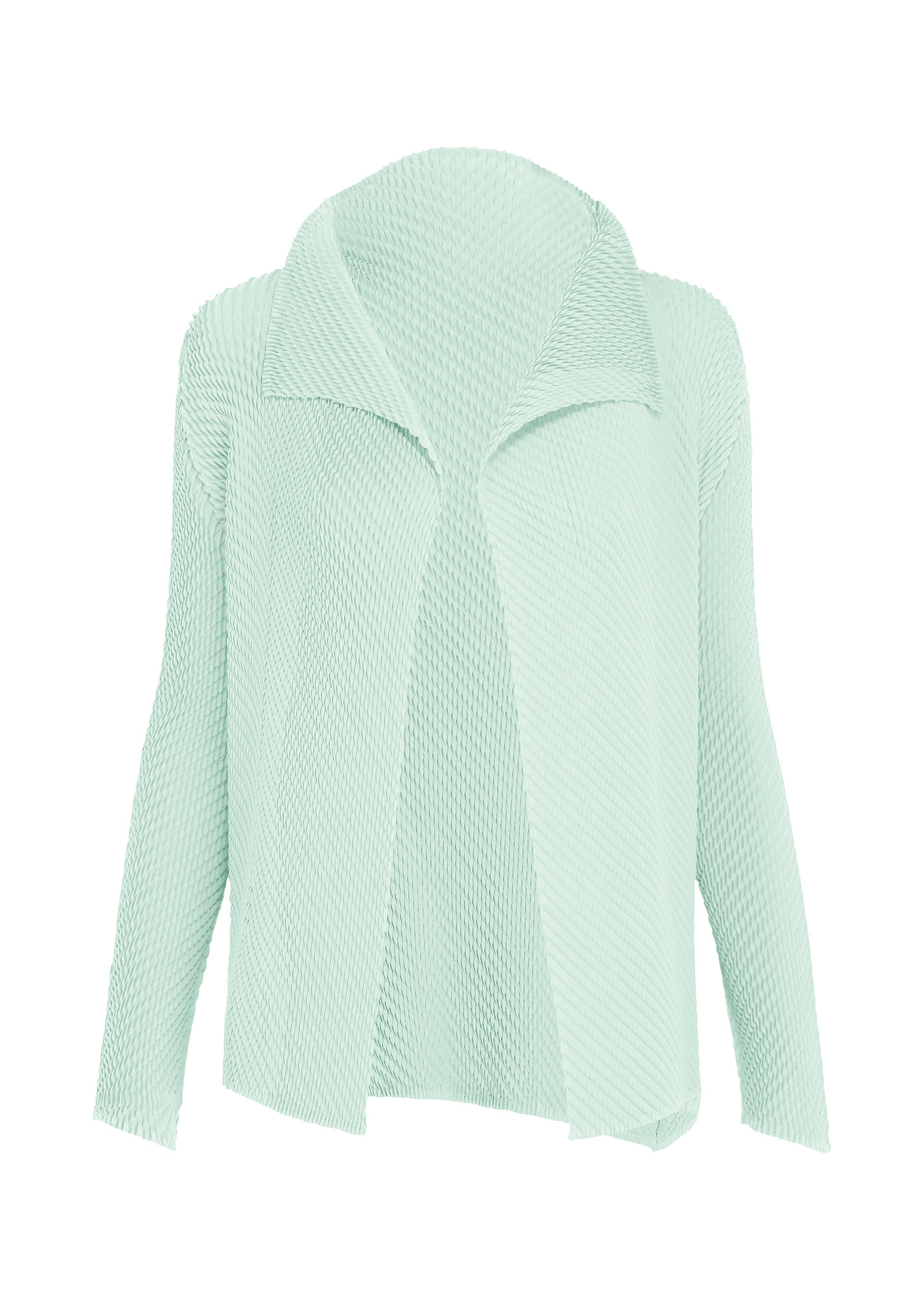 Zoomed view Introducing the MISTY PLEATS cardigan by ISSEY MIYAKE: a light mint green, long-sleeve, open-front piece featuring a textured waffle-knit pattern and wide collar. Crafted from soft fabric, it drapes effortlessly without buttons or fasteners, creating a graceful, flowy silhouette. - LIGHT BLUE （no.71）