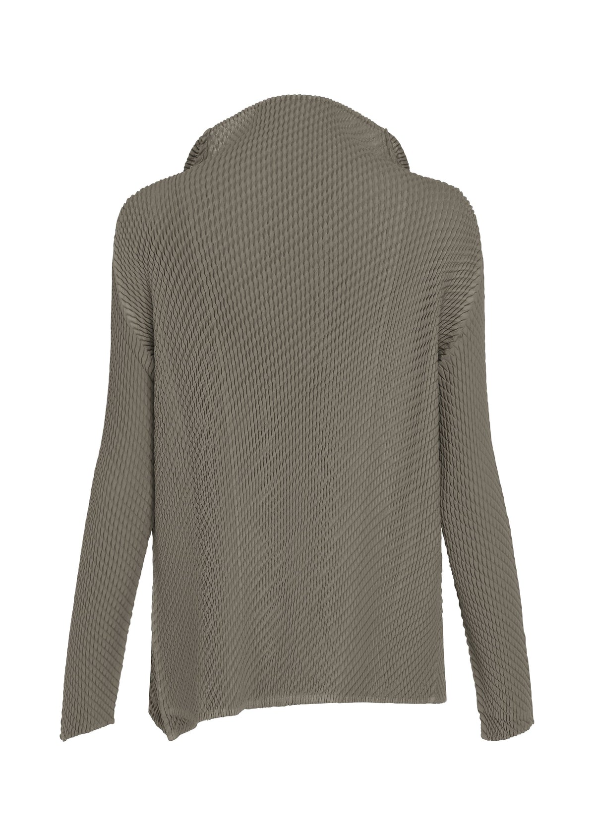 The back view of the ISSEY MIYAKE MISTY PLEATS cardigan showcases its long sleeves, textured pleated fabric in taupe or olive, relaxed fit, draped collar, and flowy silhouette. view 4 of 7