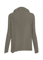The back view of the ISSEY MIYAKE MISTY PLEATS cardigan showcases its long sleeves, textured pleated fabric in taupe or olive, relaxed fit, draped collar, and flowy silhouette.