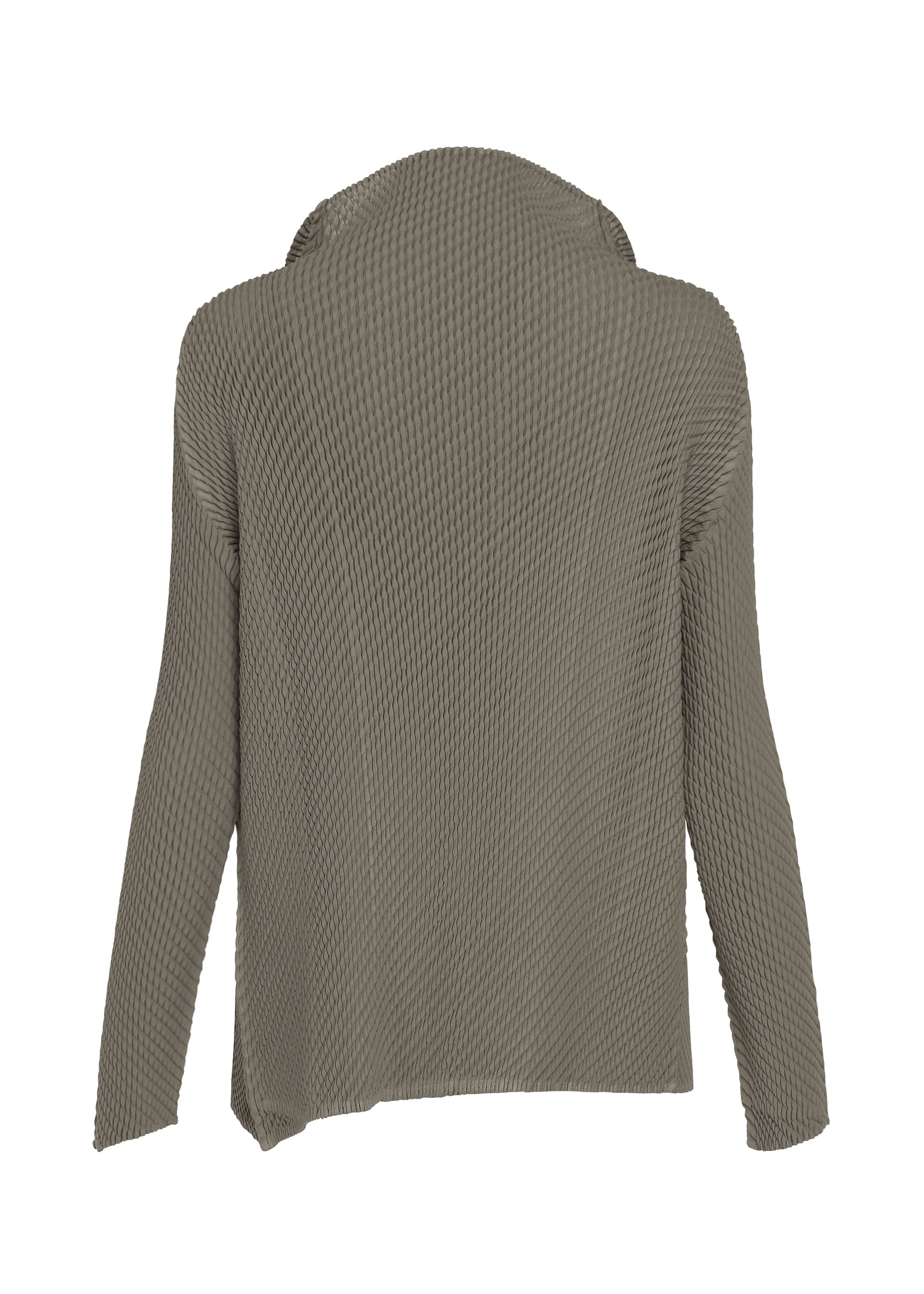 Zoomed view The back view of the ISSEY MIYAKE MISTY PLEATS cardigan showcases its long sleeves, textured pleated fabric in taupe or olive, relaxed fit, draped collar, and flowy silhouette.