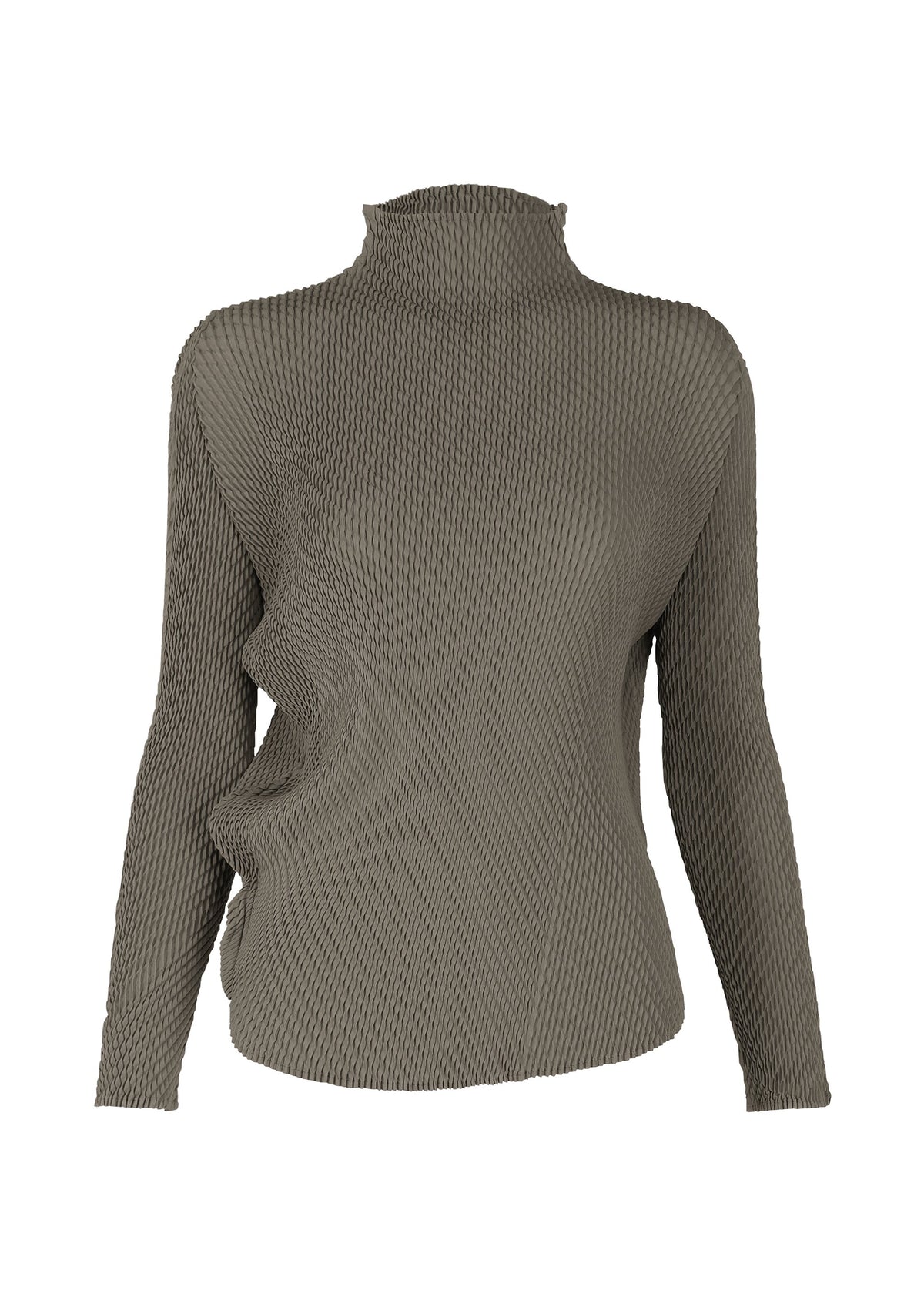 The MISTY PLEATS high-neck top by ISSEY MIYAKE features long sleeves, an olive-gray ribbed texture, a sculpted asymmetric ruffle detail on one side, and a flowy silhouette, shown against a plain white background. view 1 of 7