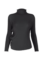 The MISTY PLEATS top by ISSEY MIYAKE is a black, long-sleeve high-neck piece featuring textured fabric, sculptural wavy detailing on one side, and a gently flowy silhouette, shown against a white background. - BLACK （no.15）