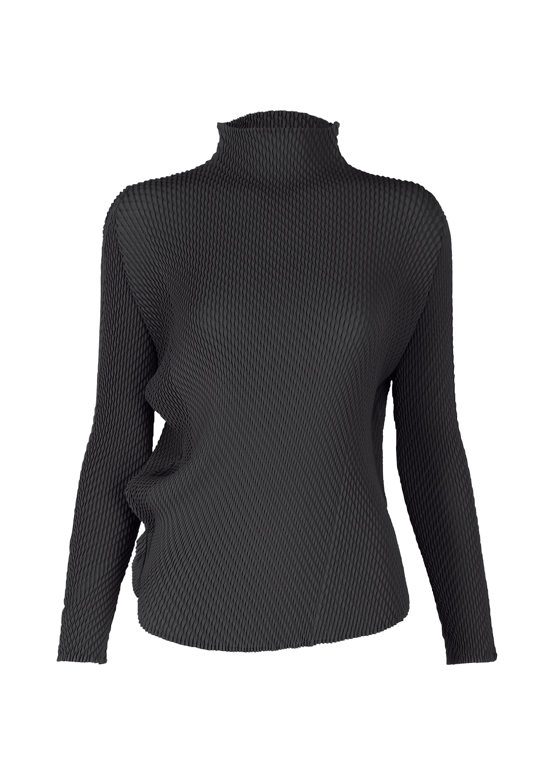 Zoomed view The MISTY PLEATS top by ISSEY MIYAKE is a black, long-sleeve high-neck piece featuring textured fabric, sculptural wavy detailing on one side, and a gently flowy silhouette, shown against a white background. - BLACK （no.15）