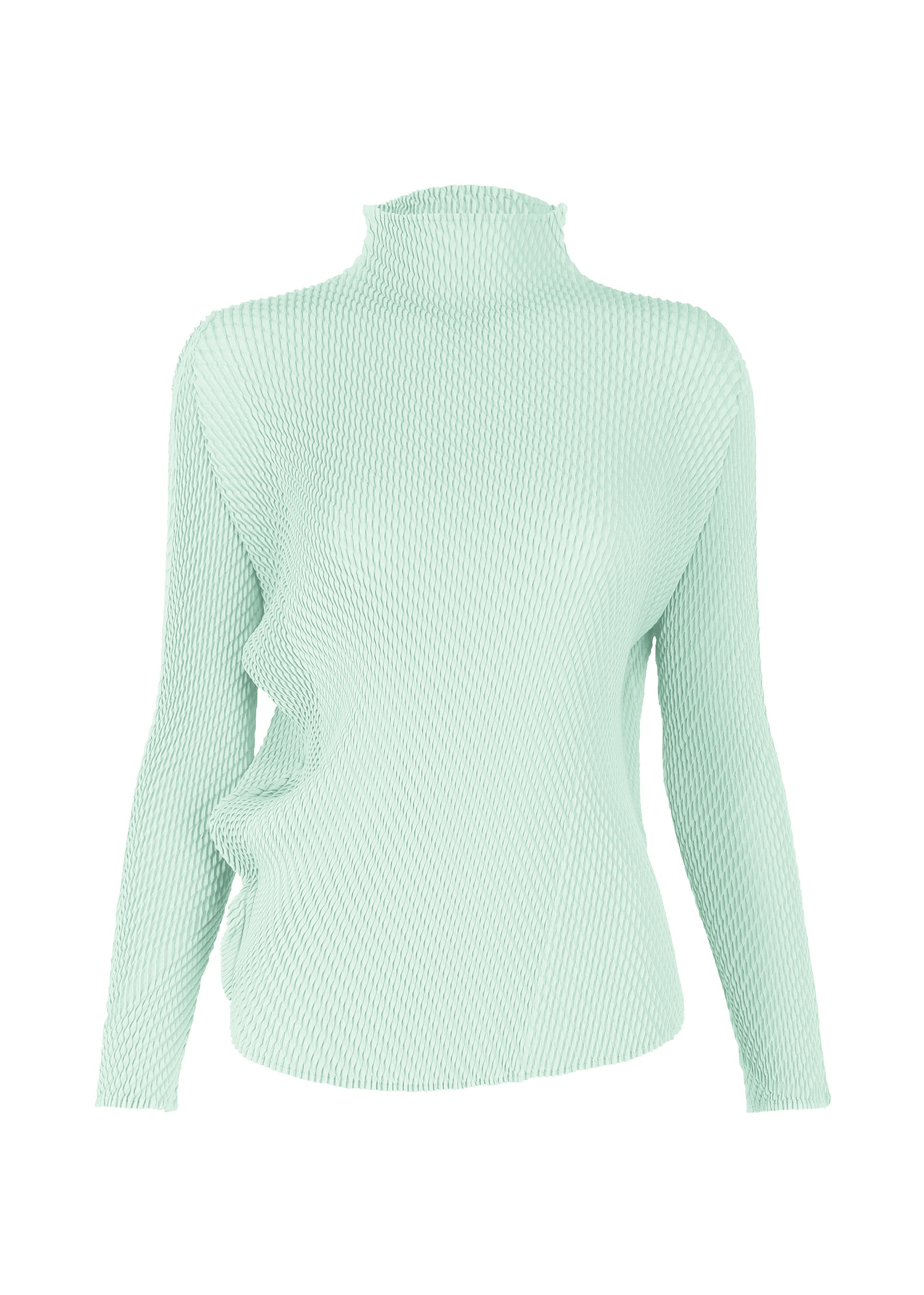 Zoomed view Introducing the MISTY PLEATS top by ISSEY MIYAKE—a light green, long-sleeve, high-neck design featuring a ribbed construction and a distinctive wavy textured pattern on one side. This stretchy, fitted piece subtly incorporates pleated elements for added dimension, presented without visible logos or buttons. - LIGHT BLUE （no.71）