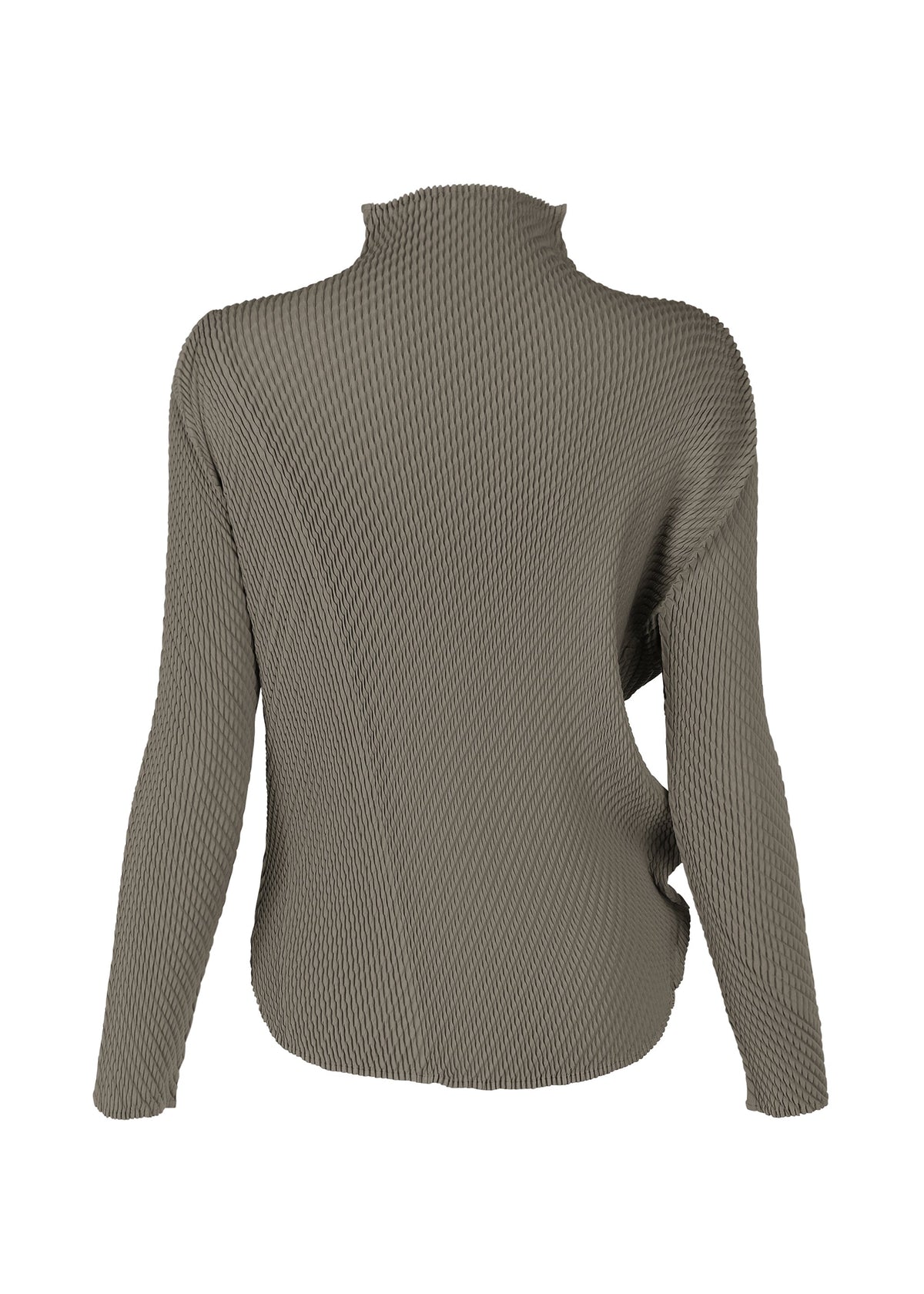 The image displays the back view of ISSEY MIYAKE’s MISTY PLEATS sweater, a long-sleeve, textured knit design in olive green with a high neckline inspired by classic high-neck tops. view 4 of 7