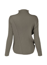 The image displays the back view of ISSEY MIYAKE’s MISTY PLEATS sweater, a long-sleeve, textured knit design in olive green with a high neckline inspired by classic high-neck tops.