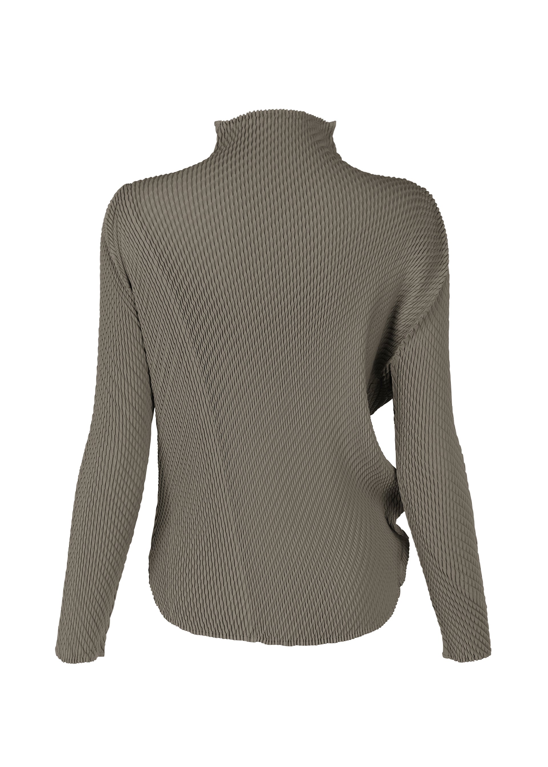 Zoomed view The image displays the back view of ISSEY MIYAKE’s MISTY PLEATS sweater, a long-sleeve, textured knit design in olive green with a high neckline inspired by classic high-neck tops.