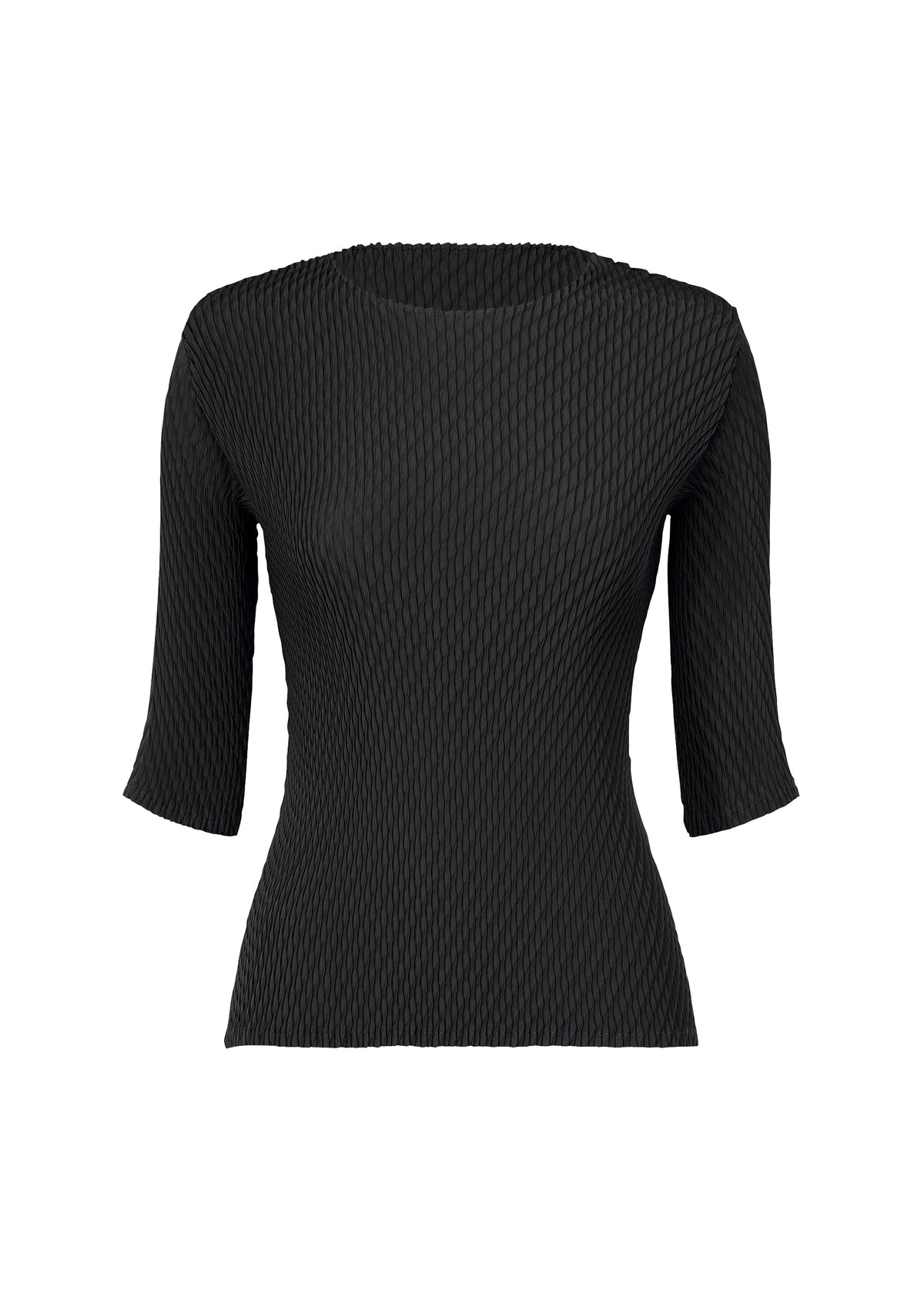 ISSEY MIYAKE's RHOMBUS PLEATS: a fitted black round-neck top with three-quarter sleeves, showcasing a textured wavy pattern and double-pleating, shown on a plain white background. view 1 of 5