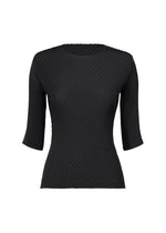 ISSEY MIYAKE's RHOMBUS PLEATS: a fitted black round-neck top with three-quarter sleeves, showcasing a textured wavy pattern and double-pleating, shown on a plain white background. - BLACK （no.15）