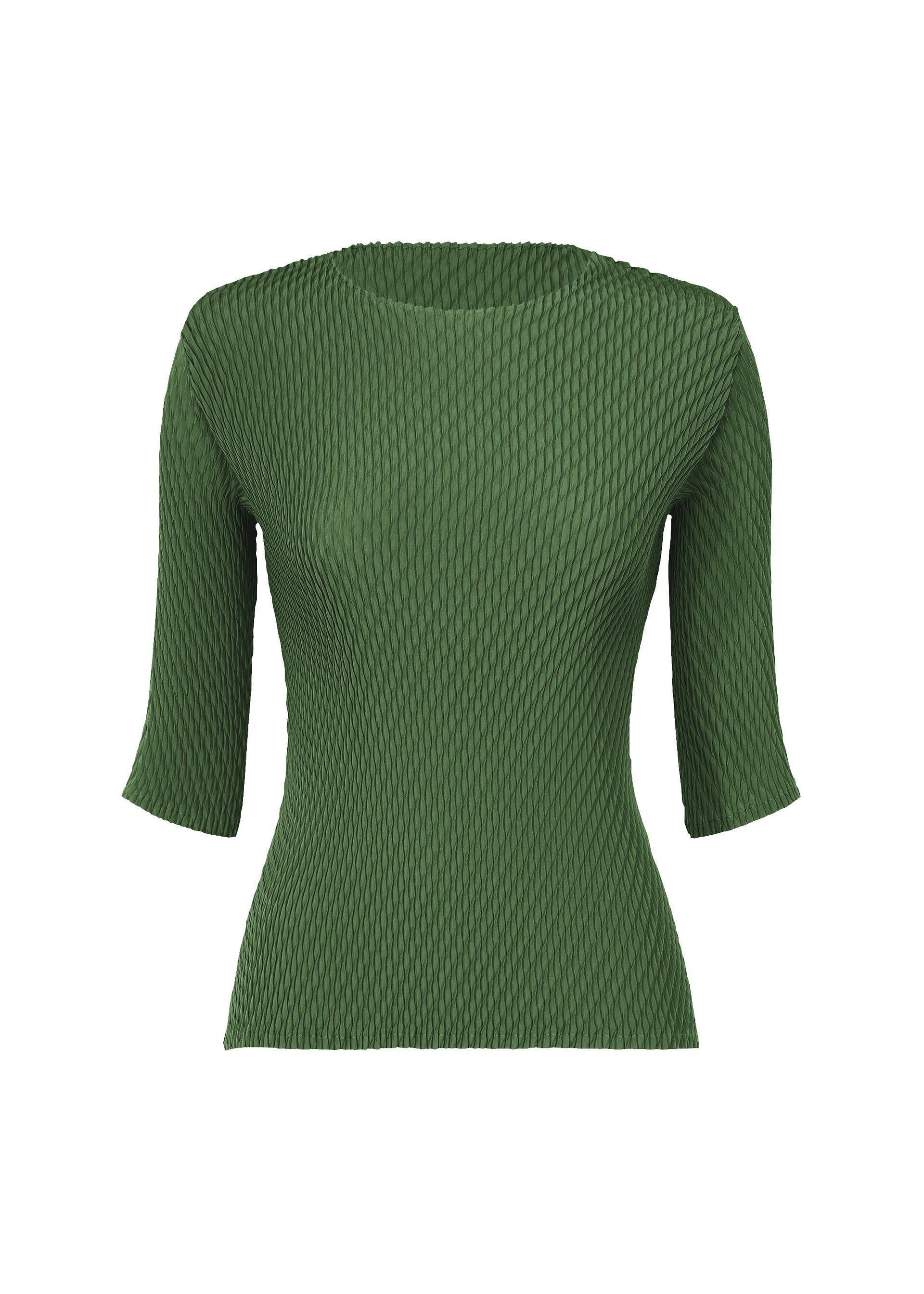 Zoomed view The ISSEY MIYAKE RHOMBUS PLEATS is a fitted, textured green round-neck top with three-quarter sleeves and subtle double pleats, shown on a plain white background. - DARK GREEN （no.63）