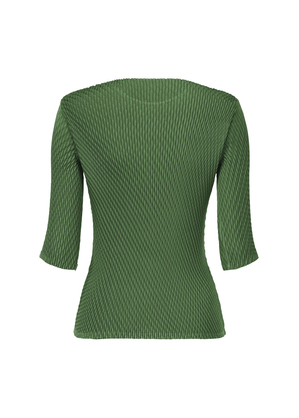 The RHOMBUS PLEATS top by ISSEY MIYAKE is a green, textured round-neck piece with short sleeves, showcasing a fitted silhouette, double-pleated details, and a subtly flared hem, shown against a white background. view 2 of 5