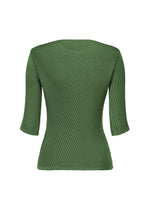 The RHOMBUS PLEATS top by ISSEY MIYAKE is a green, textured round-neck piece with short sleeves, showcasing a fitted silhouette, double-pleated details, and a subtly flared hem, shown against a white background.