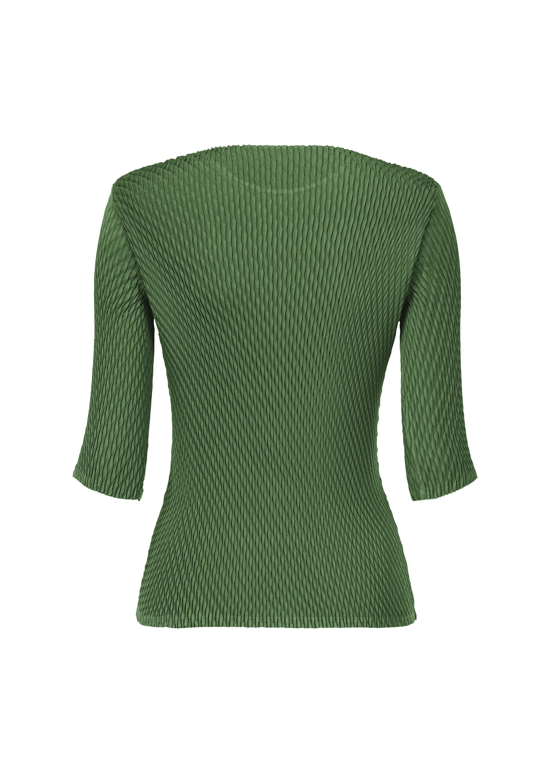 Zoomed view The ISSEY MIYAKE RHOMBUS PLEATS is a relaxed fit, textured green round-neck top with three-quarter sleeves and a subtle ribbed pattern, shown on a plain white background.