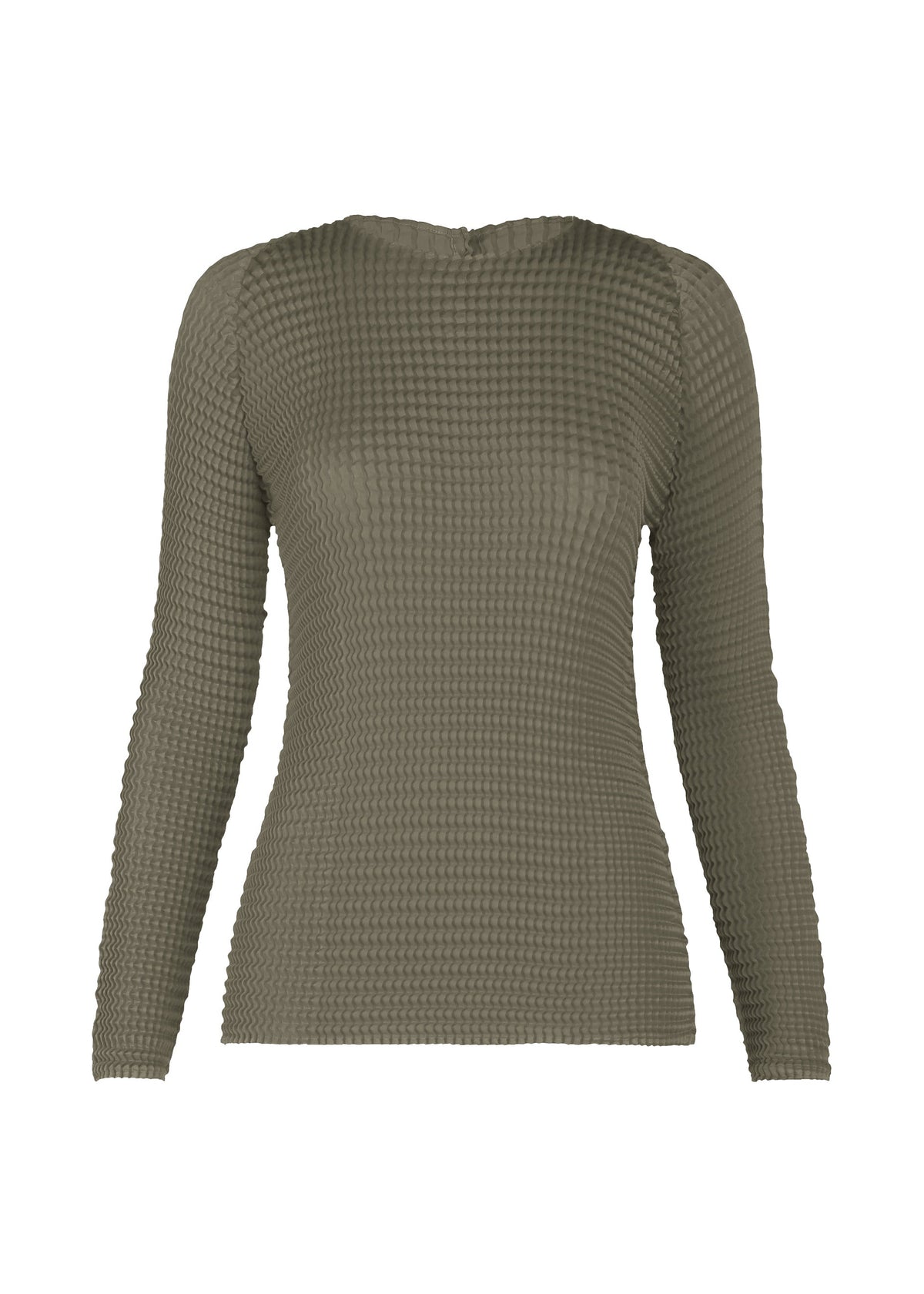 Zoomed view The ISSEY MIYAKE SUEDE LIKE PLEATS is an olive green, long-sleeve women’s top with pleated texture, fitted silhouette, and suede-like sheen, crafted from recycled polyester. Displayed on a white background. - GRAY （no.12）
