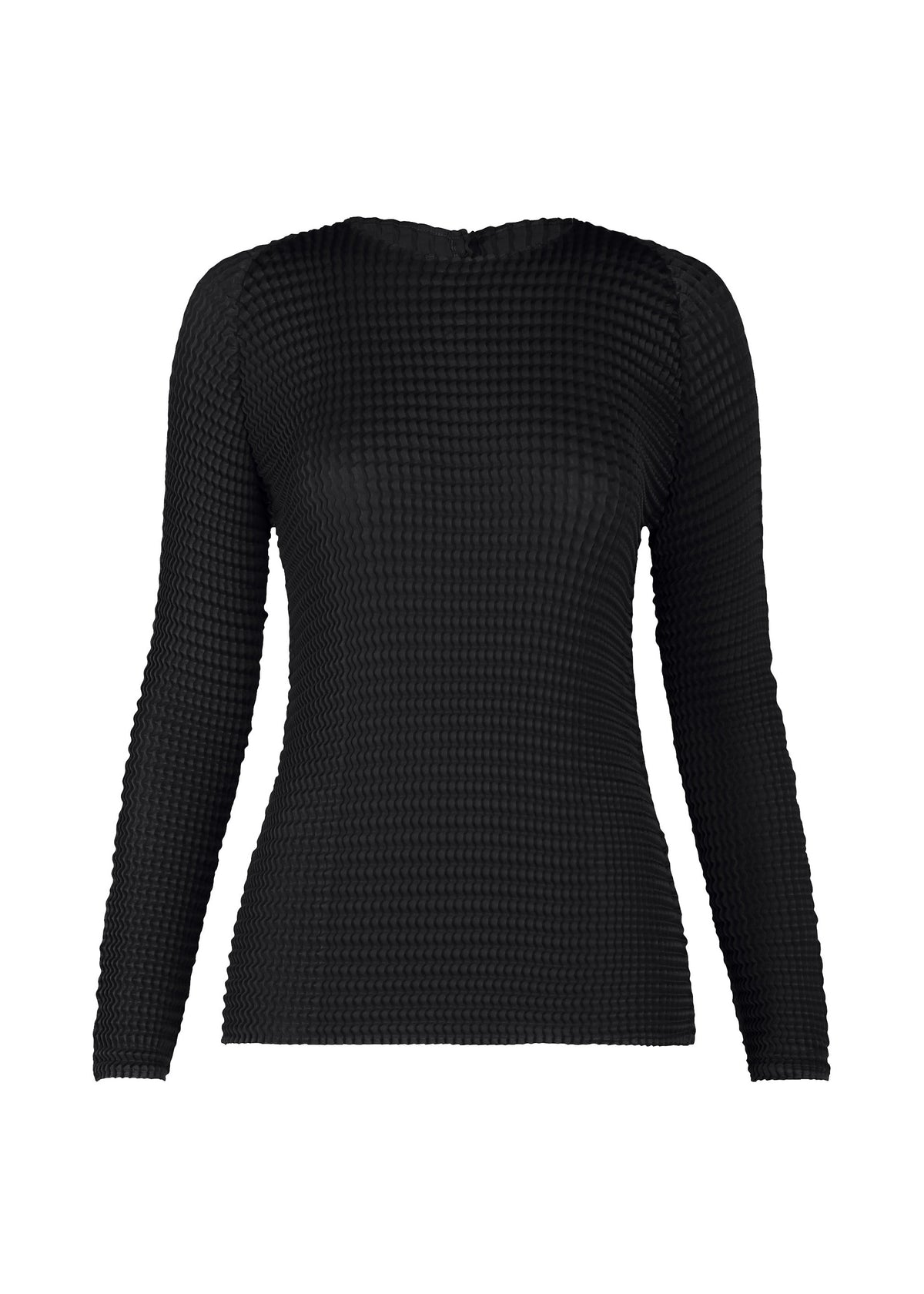 SUEDE LIKE PLEATS by ISSEY MIYAKE: a black long-sleeve top with a fitted silhouette, subtle grid texture, and suede-like sheen, shown against a plain white background. view 2 of 7