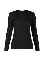 SUEDE LIKE PLEATS by ISSEY MIYAKE: a black long-sleeve top with a fitted silhouette, subtle grid texture, and suede-like sheen, shown against a plain white background. - BLACK （no.15）