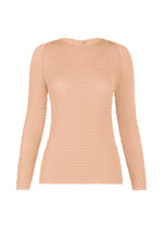The ISSEY MIYAKE SUEDE LIKE PLEATS is a beige, long-sleeve pleated top in recycled polyester, featuring a textured finish, fitted silhouette, and subtle suede-like sheen, shown on a white background. - LIGHT PINK （no.21）