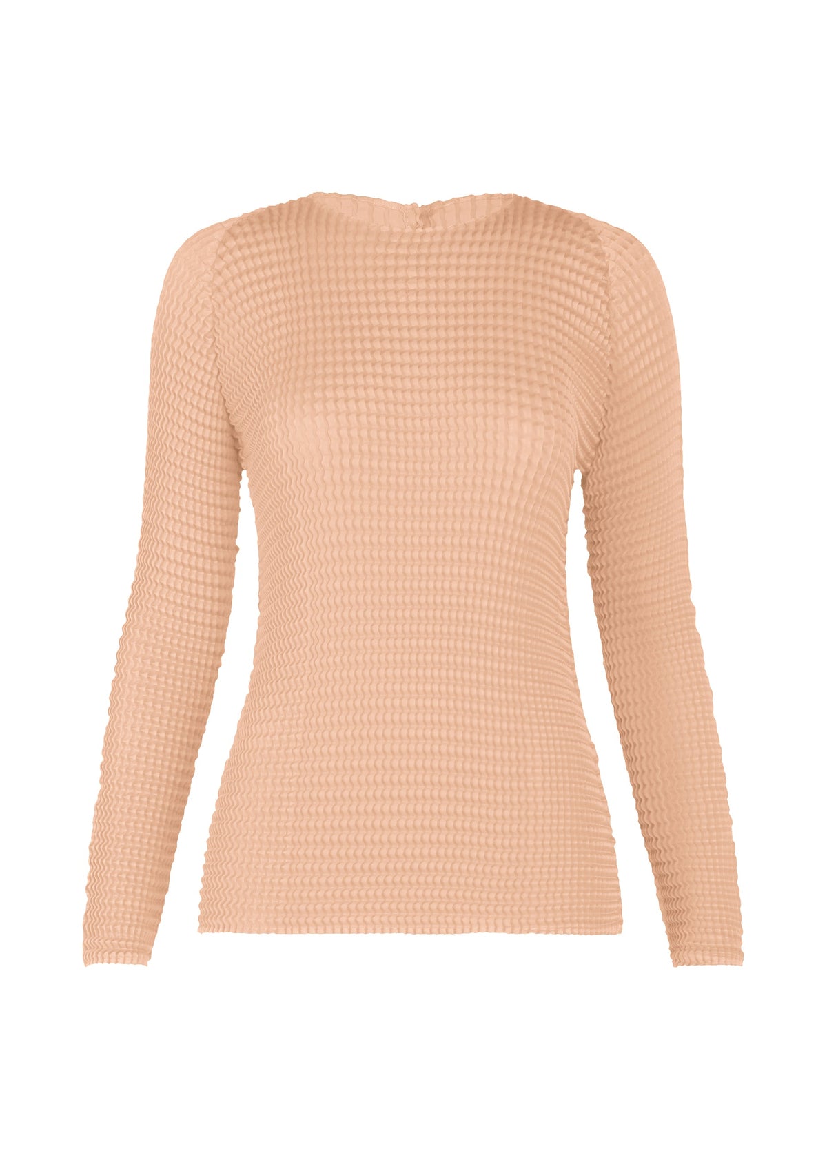 Zoomed view The ISSEY MIYAKE SUEDE LIKE PLEATS is a beige, long-sleeve pleated top in recycled polyester, featuring a textured finish, fitted silhouette, and subtle suede-like sheen, shown on a white background. - LIGHT PINK （no.21）