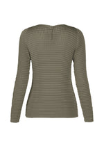 SUEDE LIKE PLEATS by ISSEY MIYAKE: Olive green, long-sleeve pleated top in waffle-knit texture, shown from the back with a round neckline and small button closure at the top center.