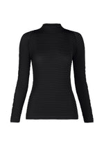 The SUEDE LIKE PLEATS by ISSEY MIYAKE is a long-sleeved, fitted black top with pleats, a textured grid pattern, high neckline, and no visible logos, shown on a white background. - BLACK （no.15）