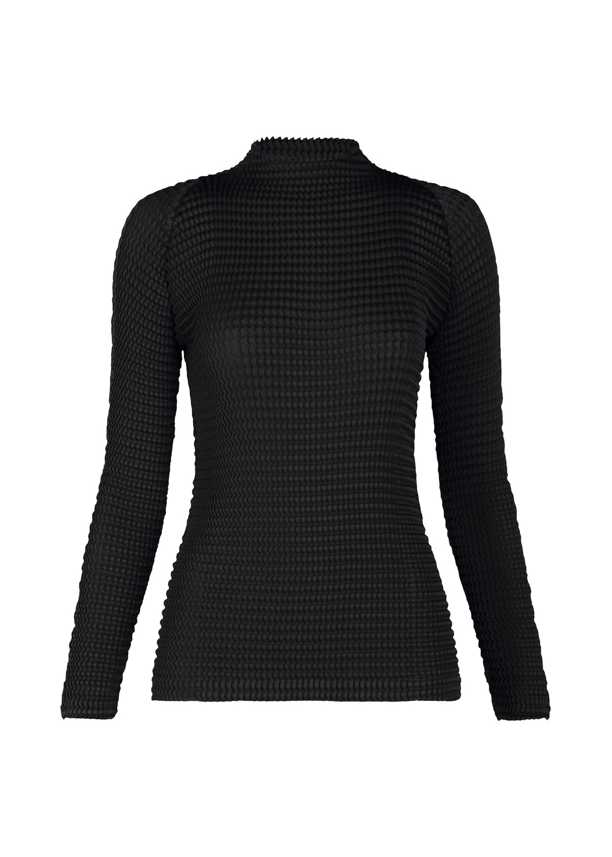 Zoomed view The SUEDE LIKE PLEATS by ISSEY MIYAKE is a long-sleeved, fitted black top with pleats, a textured grid pattern, high neckline, and no visible logos, shown on a white background. - BLACK （no.15）
