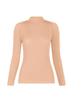 SUEDE LIKE PLEATS by ISSEY MIYAKE: a beige, long-sleeve knit top with a high collar and fitted silhouette, crafted from recycled polyester for a suede-like texture. Displayed on a plain white background. - LIGHT PINK （no.21）