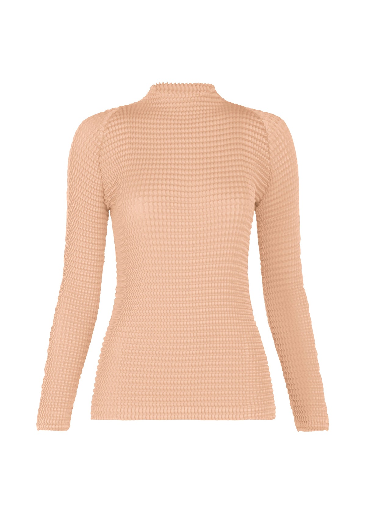 Zoomed view SUEDE LIKE PLEATS by ISSEY MIYAKE: a beige, long-sleeve knit top with a high collar and fitted silhouette, crafted from recycled polyester for a suede-like texture. Displayed on a plain white background. - LIGHT PINK （no.21）