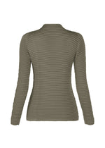 Olive green long-sleeve SUEDE LIKE PLEATS top by ISSEY MIYAKE, shown from the back. Features a waffle-textured, suede-like finish and a fitted silhouette made from recycled polyester.