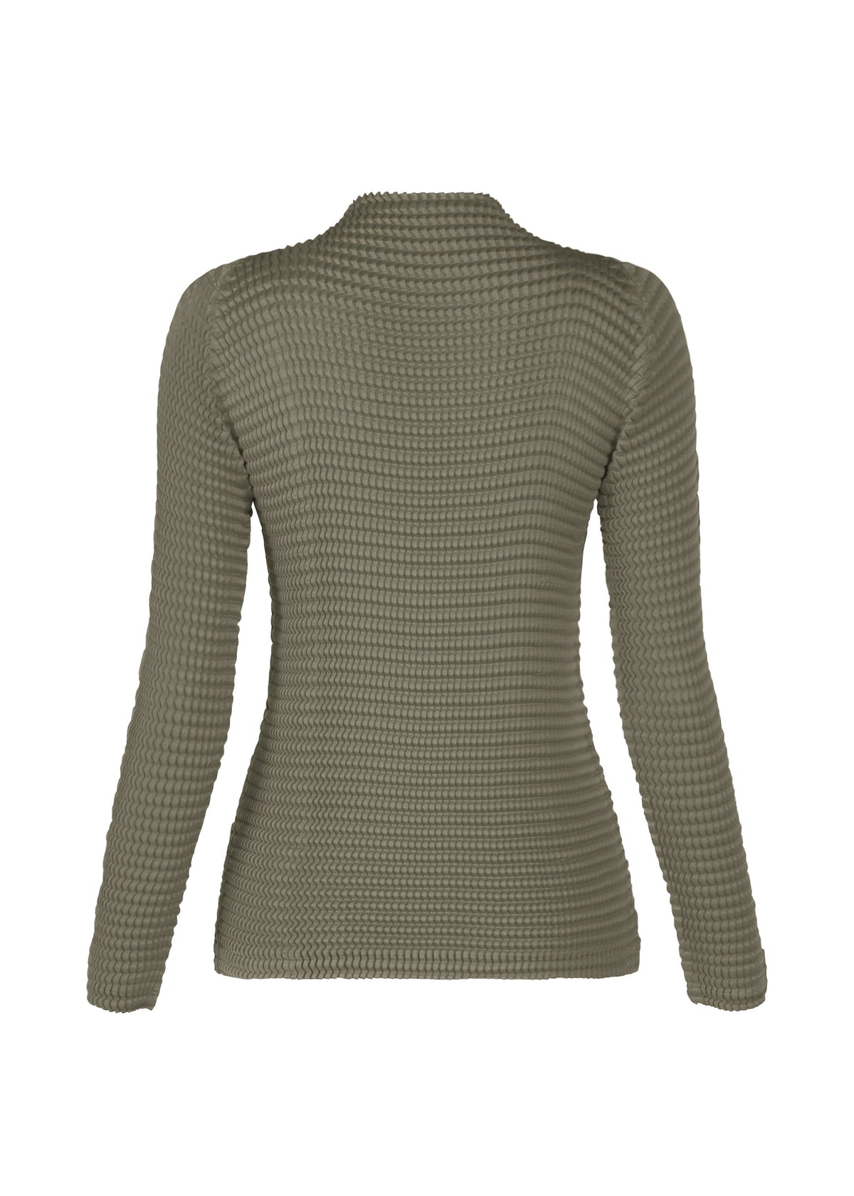 Zoomed view Olive green long-sleeve SUEDE LIKE PLEATS top by ISSEY MIYAKE, shown from the back. Features a waffle-textured, suede-like finish and a fitted silhouette made from recycled polyester.