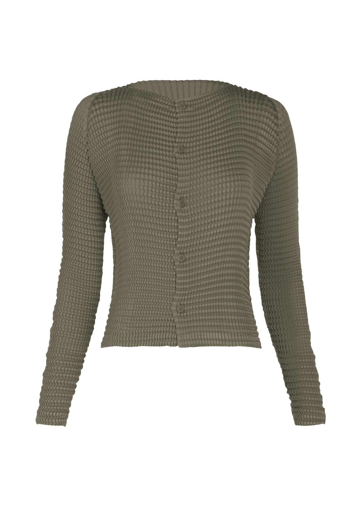 SUEDE LIKE PLEATS by ISSEY MIYAKE: An olive green, long-sleeve button-up cardigan with a waffle-knit texture and suede-like sheen, made from recycled polyester. Shown on a white background. view 1 of 7